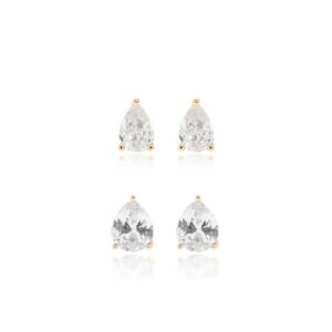 Brinco Gotas Kit com 2 Pares 5x7 e 8x10 de Zircônias Brancas - Banho de Ouro 18k