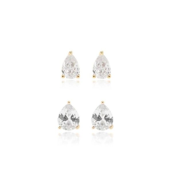 Brinco Gotas Kit com 2 Pares 5x7 e 8x10 de Zircônias Brancas - Banho de Ouro 18k