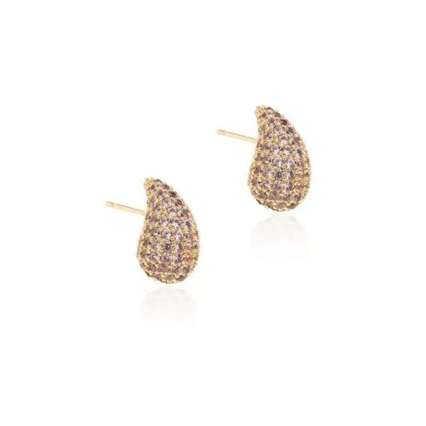 Brinco Gota Pera Cravejada com Zircônias Diamond Pink 14mm - Banho de Ouro 18k