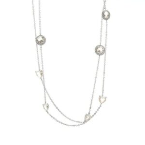Colar Longo Formas Cristal Quartzo Rosa e Zircônia Branca - 102cm - Banho de Ródio Branco