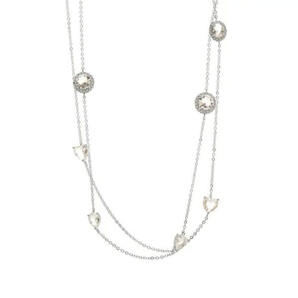 Colar Longo Formas Cristal Quartzo Rosa e Zircônia Branca - 102cm - Banho de Ródio Branco