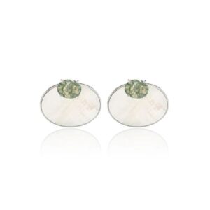 Brinco Ear Jacket Cristal Rutilado Cor Berilo Oval e Madrepérola - Banhado em Ródio Branco