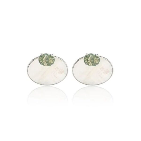 Brinco Ear Jacket Cristal Rutilado Cor Berilo Oval e Madrepérola - Banhado em Ródio Branco