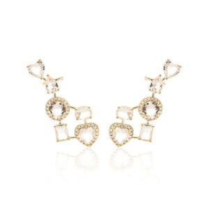 Brinco Ear Cuff Formas Quartzo Rosa e Zircônia Branca - Banho de Ouro 18k