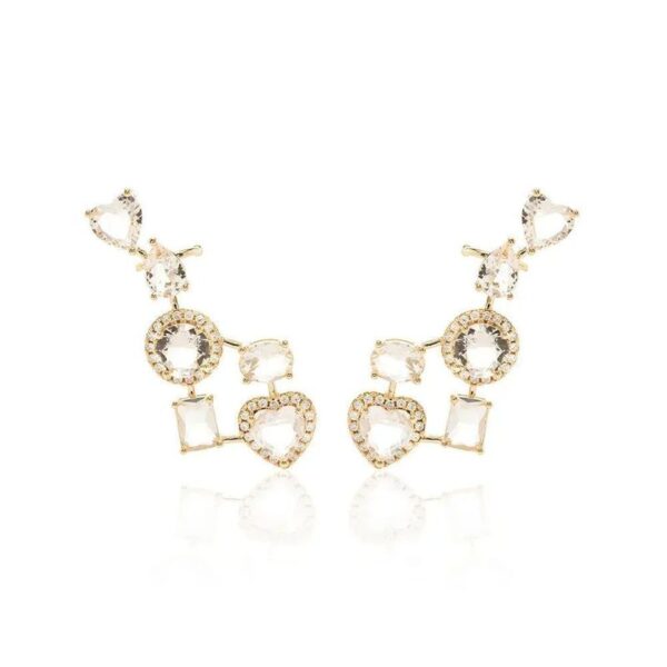 Brinco Ear Cuff Formas Quartzo Rosa e Zircônia Branca - Banho de Ouro 18k