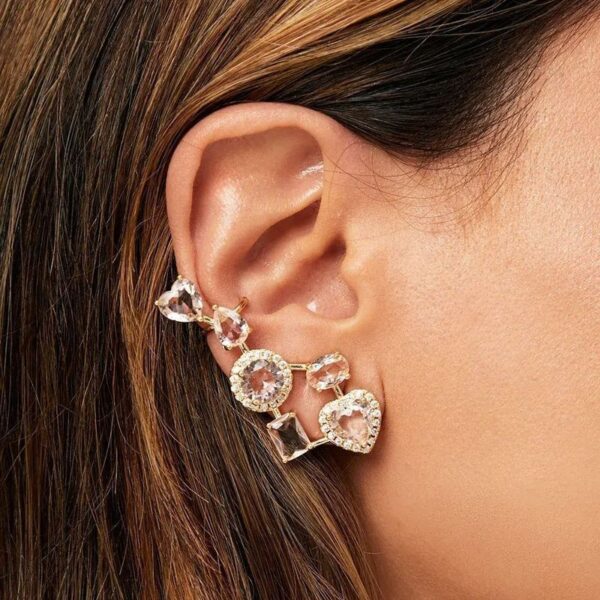 Brinco Ear Cuff Formas Quartzo Rosa e Zircônia Branca - Banho de Ouro 18k - Image 3