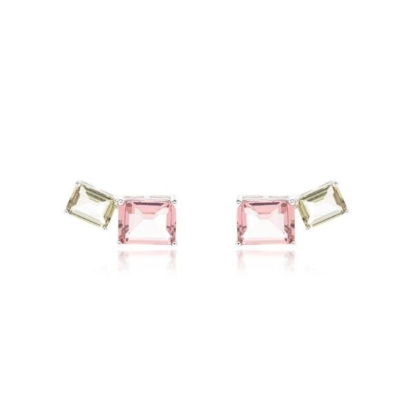 Brinco Earcuff Retângulos Cristal Rodolita e Cristal Peridoto - Prata 925