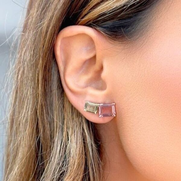Brinco Earcuff Retângulos Cristal Rodolita e Cristal Peridoto - Prata 925 - Image 2