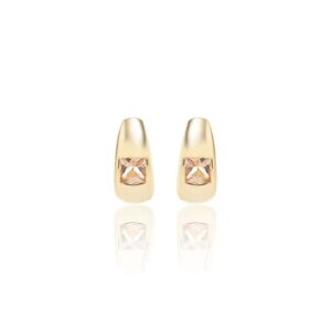 Brinco Argola 13 mm com Quadrado de Cristal de Quartzo Rosa - Banho de Ouro 18k
