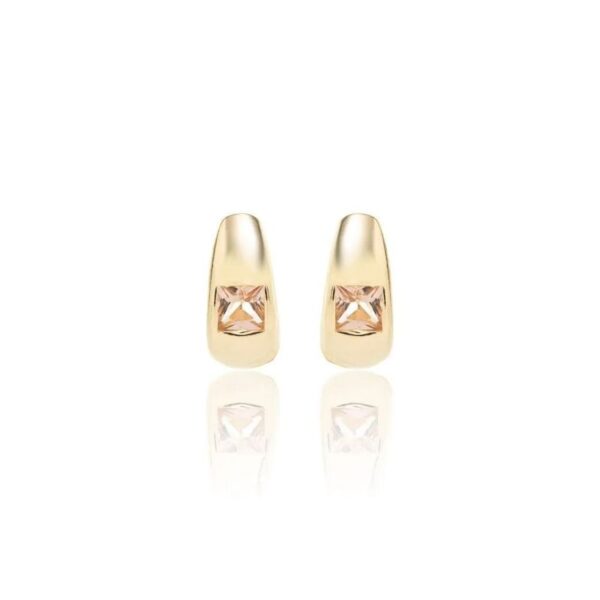 Brinco Argola 13 mm com Quadrado de Cristal de Quartzo Rosa - Banho de Ouro 18k