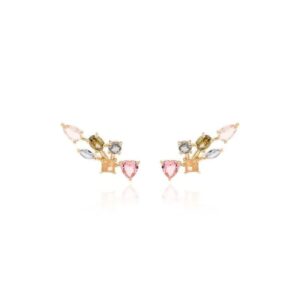 Brinco com Formas de Cristal Rutilado, Cristal Topázio Azul e Cristal Turmalina Rosa - Banho de Ouro 18k
