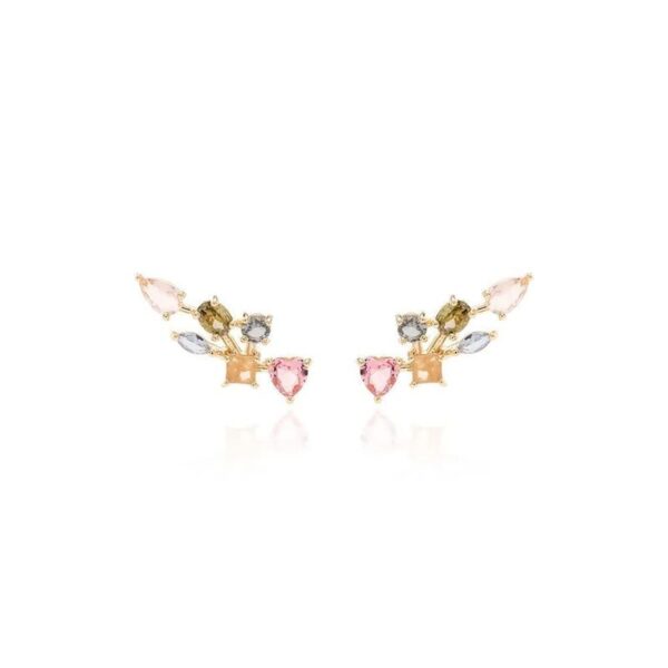 Brinco com Formas de Cristal Rutilado, Cristal Topázio Azul e Cristal Turmalina Rosa - Banho de Ouro 18k