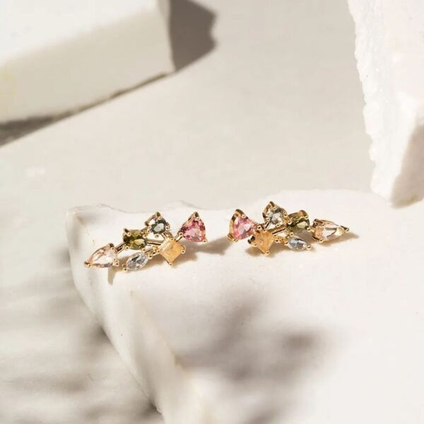 Brinco com Formas de Cristal Rutilado, Cristal Topázio Azul e Cristal Turmalina Rosa - Banho de Ouro 18k - Imagem 2