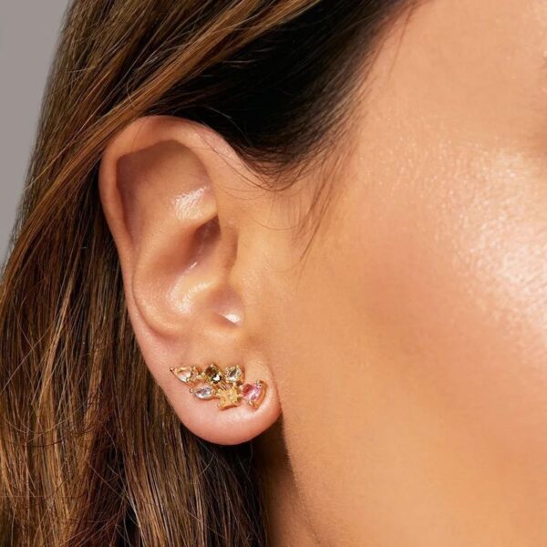 Brinco com Formas de Cristal Rutilado, Cristal Topázio Azul e Cristal Turmalina Rosa - Banho de Ouro 18k - Imagem 3