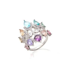 Anel gotas cristal topázio azul prata 925