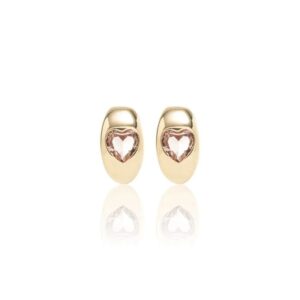 Brinco Argola 12 mm com Coração de Cristal de Quartzo Rosa - Banho de Ouro 18k