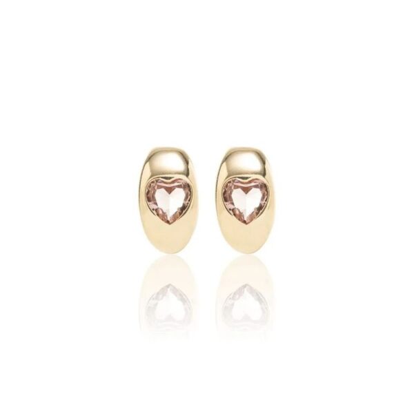 Brinco Argola 12 mm com Coração de Cristal de Quartzo Rosa - Banho de Ouro 18k