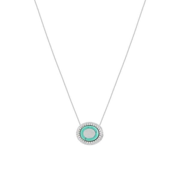 Colar Oval de Madrepérola, Raolita Turquesa e Zircônias Brancas - Banho de Ródio Branco
