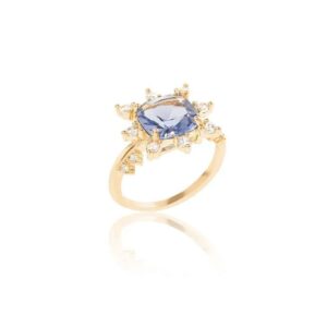 Anel Coroa Cristal London Blue com Zircônias Brancas - Banho de Ouro 18k