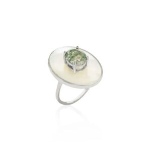 Anel Cristal Rutilado Cor Berilo Oval e Madrepérola