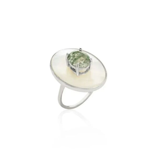 Anel Cristal Rutilado Cor Berilo Oval e Madrepérola
