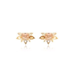 Brinco Encontro de Gotas Cristal Topázio Fumê, Cristal Citrino, Cristal Morganita - Banho de Ouro 18k