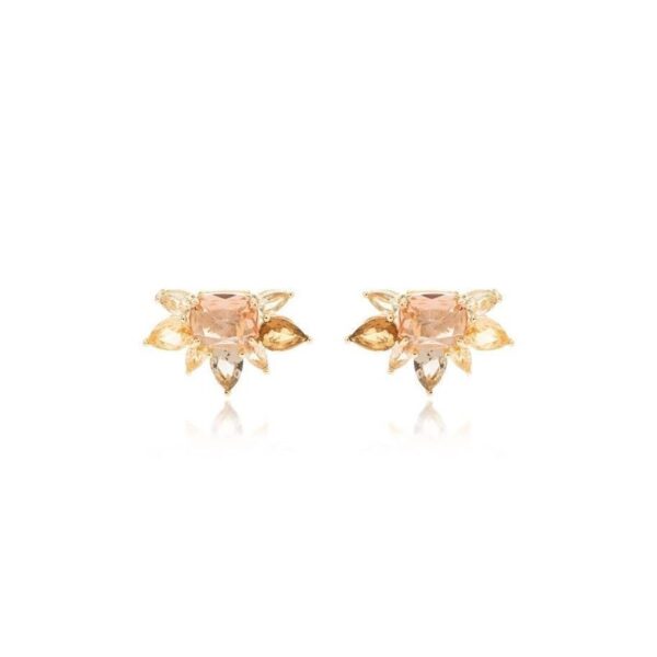 Brinco Encontro de Gotas Cristal Topázio Fumê, Cristal Citrino, Cristal Morganita - Banho de Ouro 18k