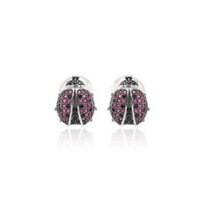Brinco Bug com Zircônias Negras, Vermelhas - Banho de Ródio Branco