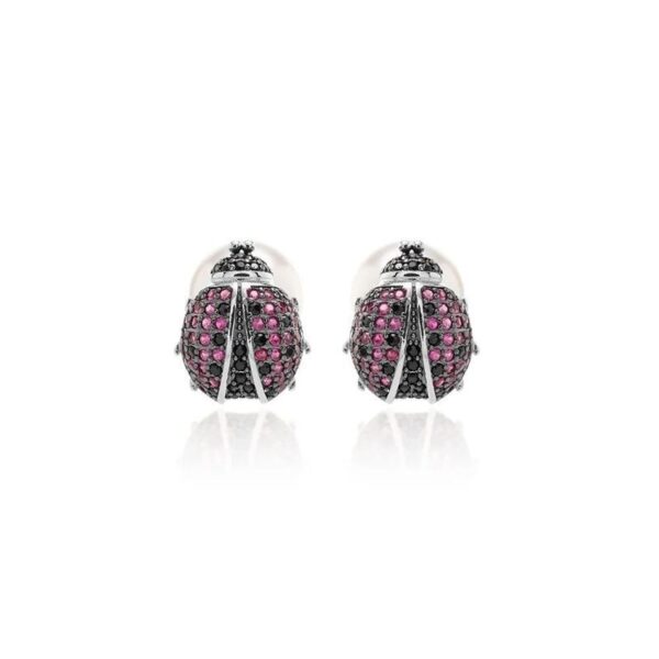 Brinco Bug com Zircônias Negras, Vermelhas - Banho de Ródio Branco