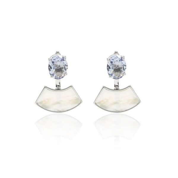 Brinco Ear Jacket Cristal Tanzanita e Madrepérola - Banho de Ródio Branco